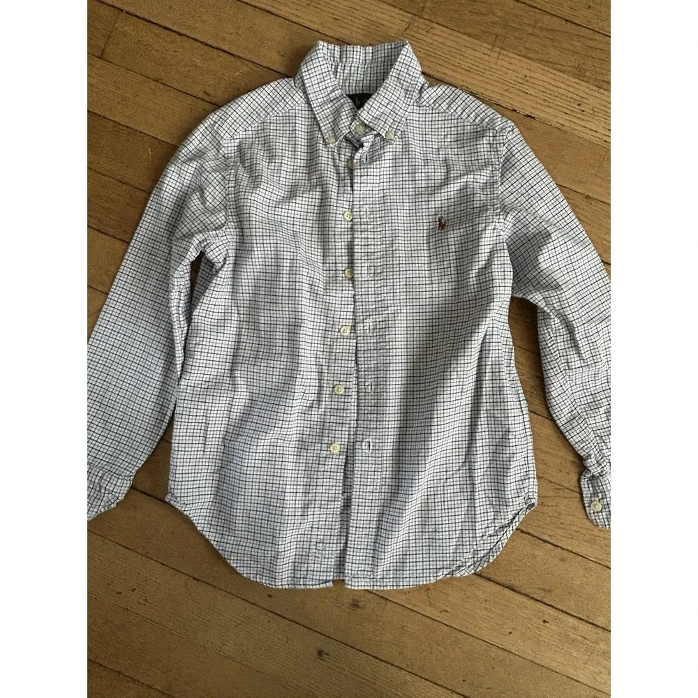 Ralph Lauren Button Down Shirt Kids S 8 Red White Blue Plaid Cotton Long Sleeve